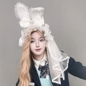 Sweet Lolita plush rabbit ears hair hoop with elegant lace bow and veil design, main view.