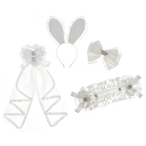 Sweet Lolita white lace hair accessory set featuring cute bunny ears, bows, and veil.