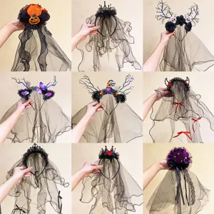 Halloween Ghost Bride Black Veil Headband Gothic Dark Style Bowknot Pumpkin Skull LED Light-up Hair Accessories For Party Women Dress Up