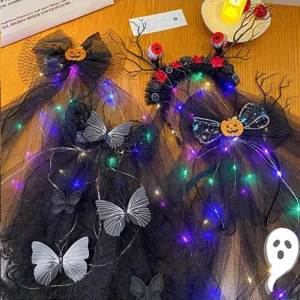 Dark Halloween ghost bride black veil headband with LED lights and pumpkin bows