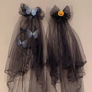 Gothic black Halloween veils with decorative butterflies and glittery pumpkin bows