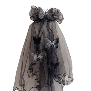 Dark gothic black Halloween ghost bride veil with 3D butterfly hair bow decorations