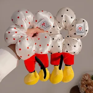 Niedliche Plüsch-Blumen-Haargummis mit Punkten und Micky-Maus-inspiriertem Design.