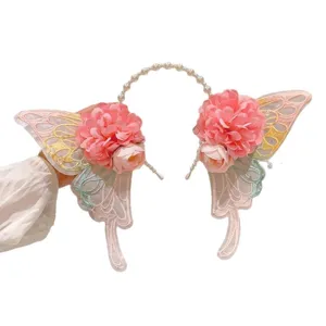 Cerchietto da fata con ali di farfalla e fiori rosa per accessorio capelli fotografico