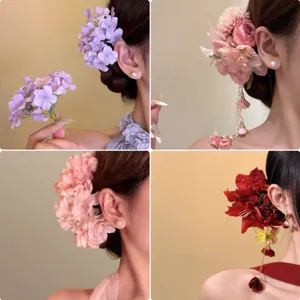 Pinza de Pelo de Flor Hecha a Mano Elegante Clip de Tiburón de Lirio para Mujer Accesorios para el Cabello de Tela y Perlas Artificiales para Vacaciones en la Playa
