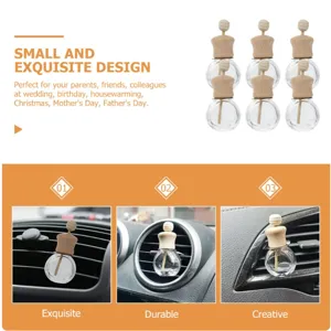 Car air vent perfume glass bottle with wooden cap and diffuser stick, compact and exquisite.