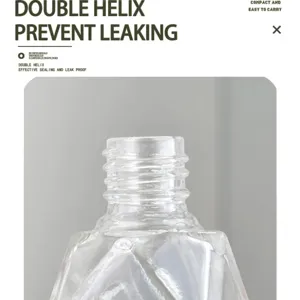 Detailed close-up of clear glass perfume bottle neck with double helix threads for secure seal.