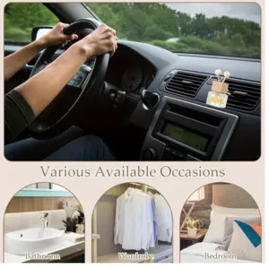 Car air freshener glass bottle detail view, versatile usage in vehicle vents, bathrooms, and wardrobes.
