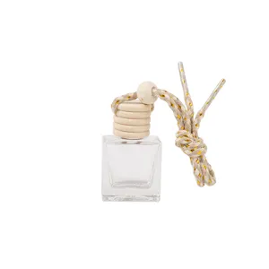 Clear square car 10ml glass perfume bottle pendant with wooden cap and braided hanging rope.