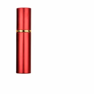 Portable 10ml refillable perfume atomizer spray bottle with red aluminum case and gold ring.