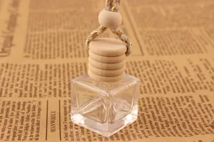 Transparent square glass perfume bottle pendant with wooden cap and hanging rope, ideal for car.