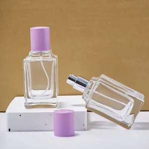 frasco perfume vidrio vacio 50ml recargable botella atomizador con tapa morada cosmetica.