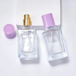 Frasco de perfume de vidrio vacío de 50 ml con tapa morada envase cosmético recargable
