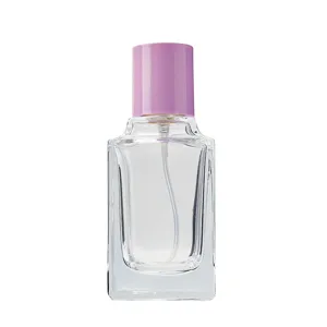Frasco de Perfume de Vidrio Transparente de 50ml Vacio Recargable con Tapa Morada