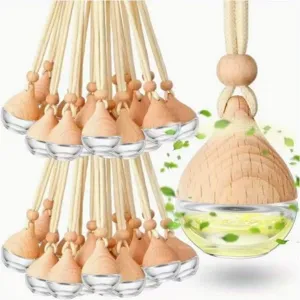 Flacon Diffuseur de Voiture en Verre Forme Goutte Flacon Suspendu Huile Essentielle Avec Bouchon en Bois et Cordon