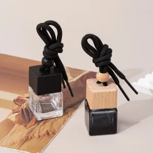 Car hanging perfume bottle empty glass essential oil diffuser vial with wooden cap rope 8ml