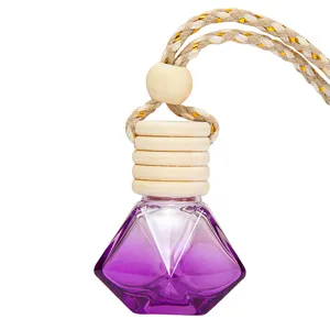 Diamond glass car perfume bottle hanging ornament with wooden cap and braided rope for auto