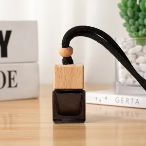 Car Hanging Perfume Bottle Square Black Glass Essential Oil Diffuser with Wooden Cap and Rope