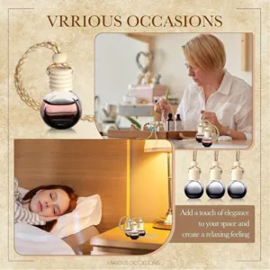 Flacon de parfum suspendu pour voiture diffuseur d'huiles essentielles en verre bouchon bois.