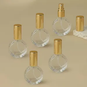 10ml άδεια γυάλινα μπουκάλια ψεκασμού αρώματος με χρυσά καπάκια, επίπεδη στρογγυλή.