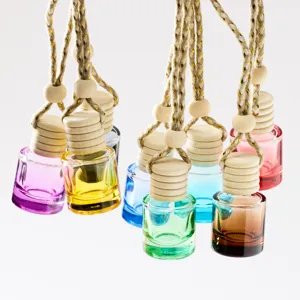 Colorful glass car perfume bottle with wooden cap and hanging rope, ideal for vehicle decor.