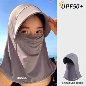 Ice Silk Sun Protection Hat With Integrated Face Mask Neck Gaiter UV Shield Full Face Cover For Outdoor Cycling Fishing Women