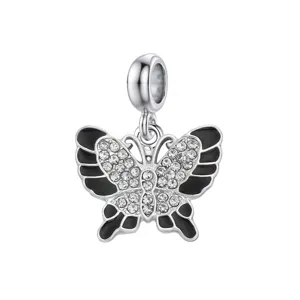 Silberner Schmetterlingsanhänger mit schwarzer Emaille und klaren Kristallen für DIY-Schmuck