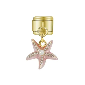 Abalorio de eslabón italiano dorado con estrella de mar rosa de cristales y perla central