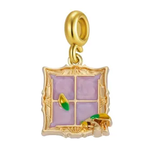 Goldener Fenster-Anhänger mit lavendelfarbenem Emaille und grünen Blattdetails für DIY