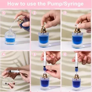 Detailed instruction guide showing how to use the mini perfume dispenser pump and syringe tool.