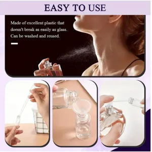 Perfume dispensing tool detail showing dropper funnel and refill pump usage instructions.