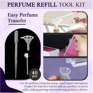 Perfume refill tool kit detail, plastic dropper and small funnel for easy transfer.