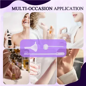 Perfume decanting tool set with funnel and dropper for essential oils and cosmetic bottles.