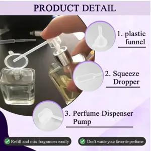 Perfume dispenser pump and funnel tool set for easy liquid transfer and refilling bottles.