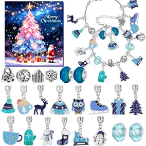 Detailed view of DIY blue Christmas charm bracelet set with festive themed pendants