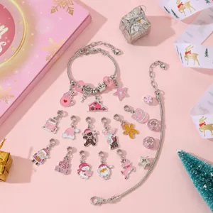 Pink Christmas DIY jewelry advent calendar set with festive charms and beads for kids
