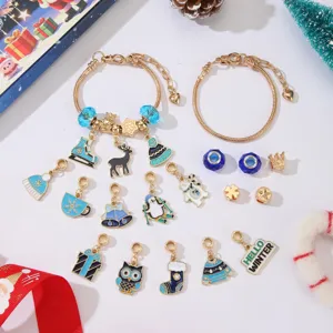 Christmas DIY charm bracelet set with blue enamel pendants and golden snake chains