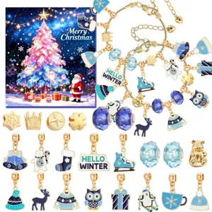 DIY Christmas Advent Calendar Bracelet Making Kit With Alloy Beads Enamel Charms Blue Winter Theme Jewelry Craft For Women Kids Gift