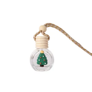 10ml Christmas tree car perfume glass diffuser bottle with wooden cap and hanging rope.