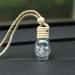 Skull glass car perfume bottle with wooden cap and hanging rope for essential oil 8ml