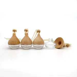 Flacon de parfum de voiture en verre transparent avec bouchon en bois, pendentif diffuseur.