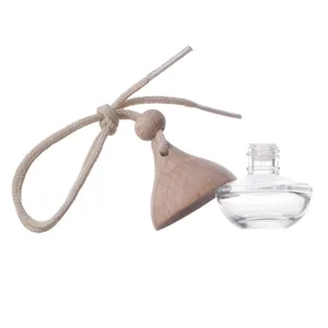 Bouteille de parfum de voiture flacon en verre vide avec bouchon en bois et corde de suspension.