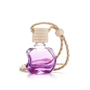 Apple shaped car perfume bottle glass essential oil diffuser hanging pendant with wooden cap.