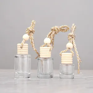 Pendentif Flacon de Parfum de Voiture Cylindrique Verre Aromathérapie Flacon Vide Avec Bouchon en Bois et Corde Tressée Ornement Suspendu de Voiture