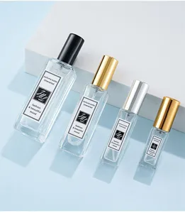 Portable square glass perfume atomizers with colorful spray pumps for cosmetics and travel use.
