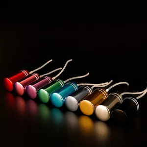 Detail view of colorful 10ml empty perfume atomizers with aluminum shell and dip tubes.