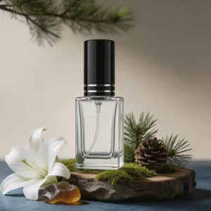 Detailed view of a 10ml rectangular clear glass perfume spray bottle with black cap.