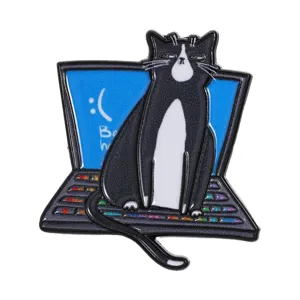 Funny tuxedo cat on blue screen laptop enamel pin brooch for computer lovers