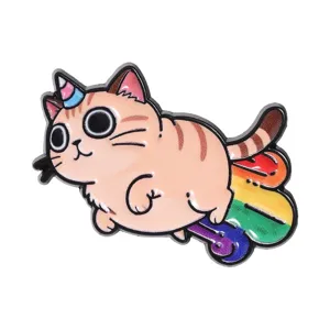 Unique cartoon cat enamel pin featuring a unicorn horn and colorful rainbow tail