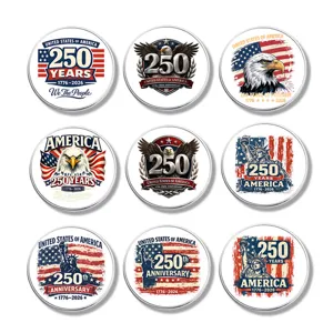 Set of 9 USA 250th anniversary commemorative badges with eagle and Statue of Liberty